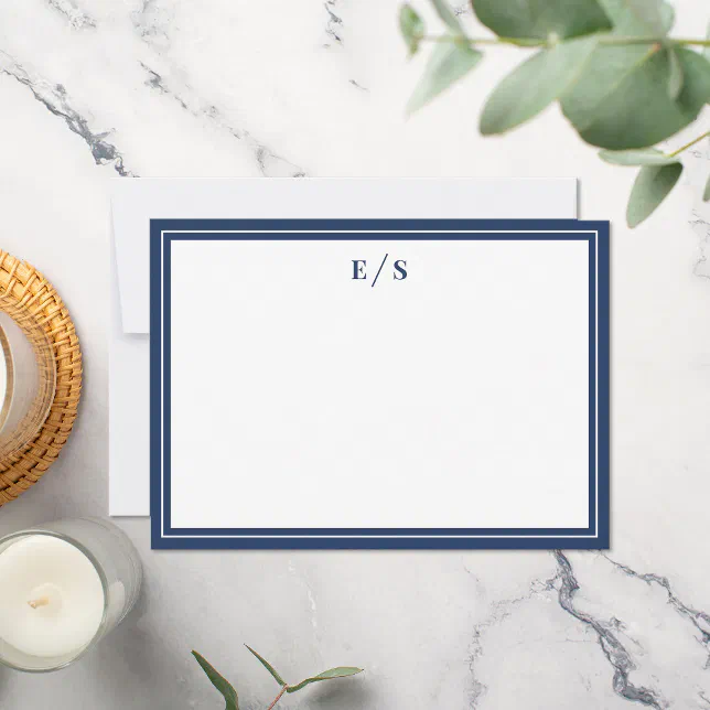 Minimalist Navy Blue Border Monogram Note Card | Zazzle