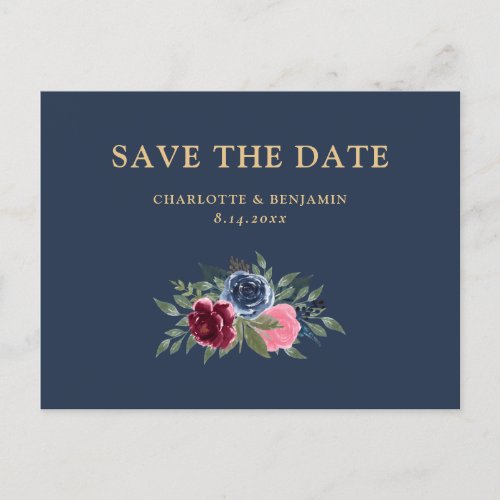 Minimalist Navy Blue Burgundy Floral Save The Date Announcement Postcard