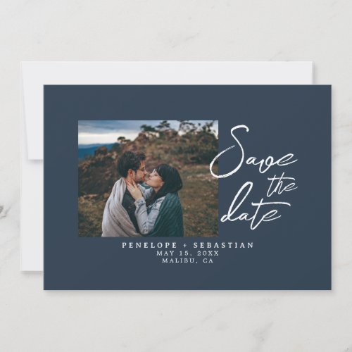 Minimalist Navy Blue Calligraphy Photo Wedding     Save The Date