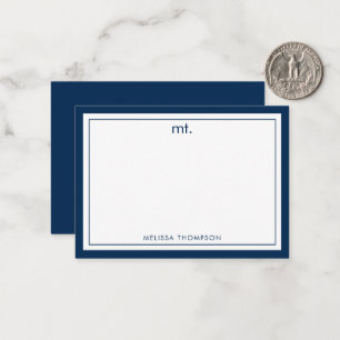 Minimalist Navy Blue Double Border Modern Monogram Note Card