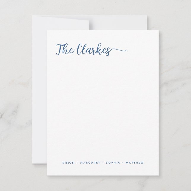 Minimalist Navy Blue Family Stationery Vertical Note Card (Front)