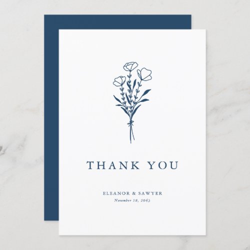 Minimalist Navy Blue Floral Bouquet Wedding Thank You Card