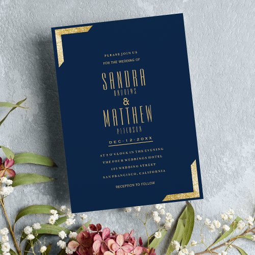 Minimalist navy blue glam gold glitter Wedding Invitation