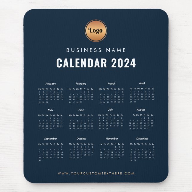 Minimalist Navy Blue Gold 2024 Magnetic Calendar Mouse Pad (Front)