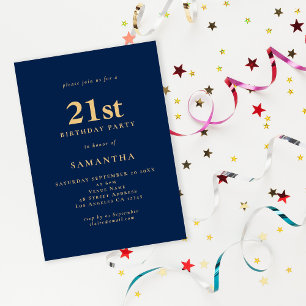 Minimalist Navy Blue Gold 21st Birthday Invitation