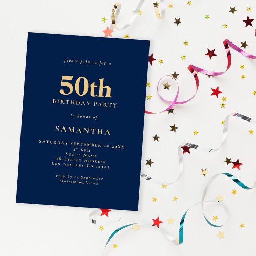 Minimalist Navy Blue Gold 50th Birthday  Invitation