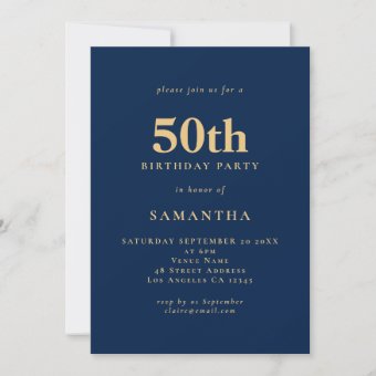 Minimalist Navy Blue Gold 50th Birthday Invitation | Zazzle