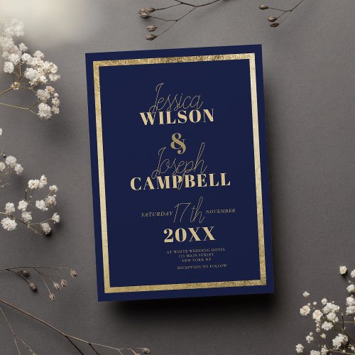 Minimalist navy blue gold frame typography wedding invitation