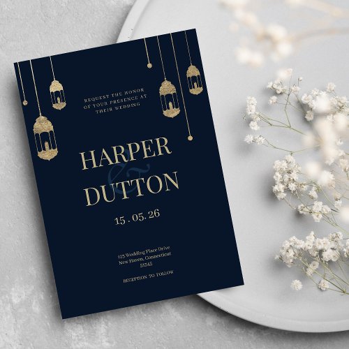 Minimalist navy blue gold lantern lights wedding invitation