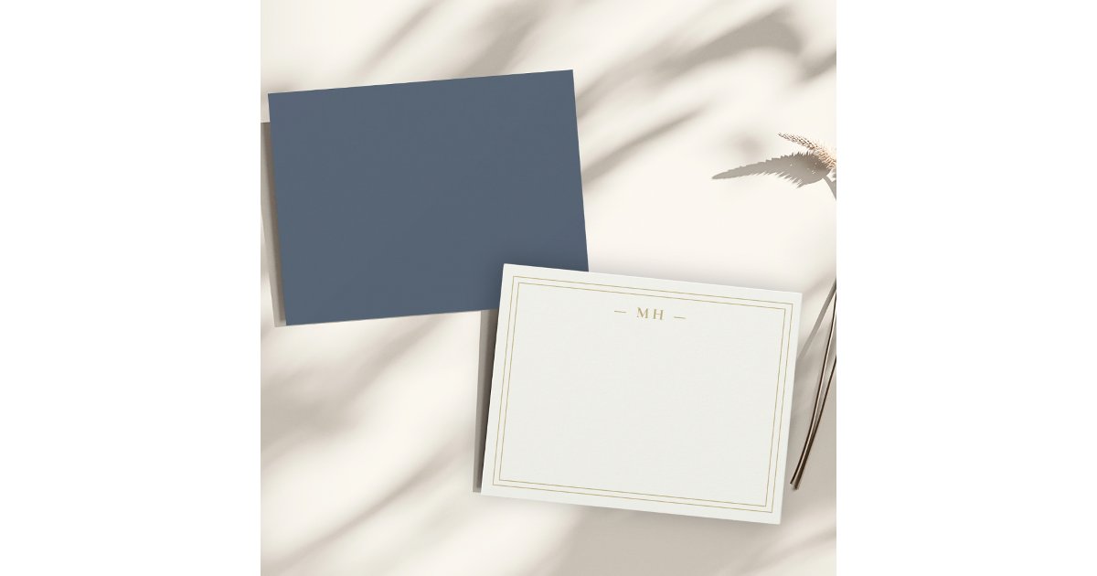 Minimalist Navy Blue & Gold Two Border Monogram Note Card | Zazzle