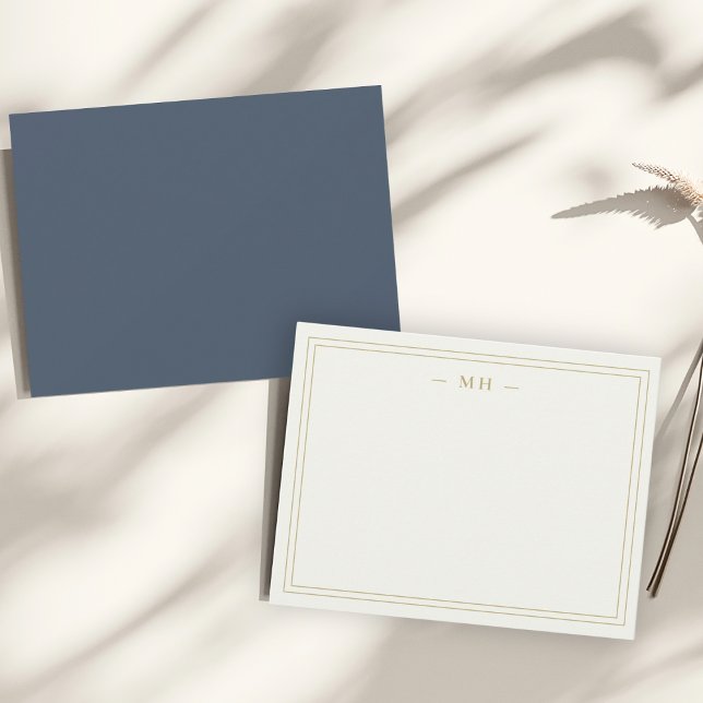 Minimalist Navy Blue & Gold Two Border Monogram Note Card (Creator Uploaded)