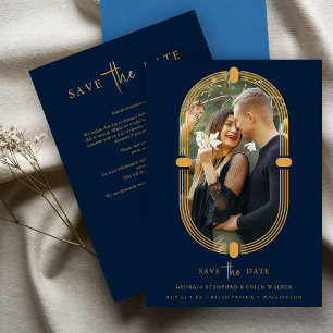 Minimalist Navy Blue & Gold Vintage Oval Wedding Save The Date
