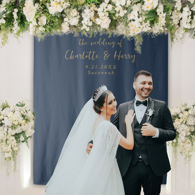 Minimalist Navy Blue & Gold Wedding Photo Backdrop (Creator Uploaded)