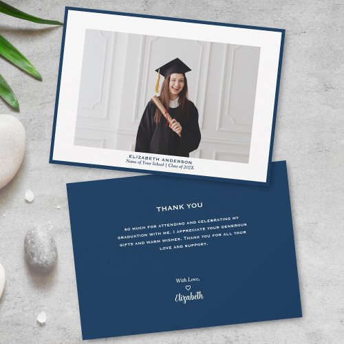 Minimalist Navy Blue Graduate Photo Graduation Thank You Card