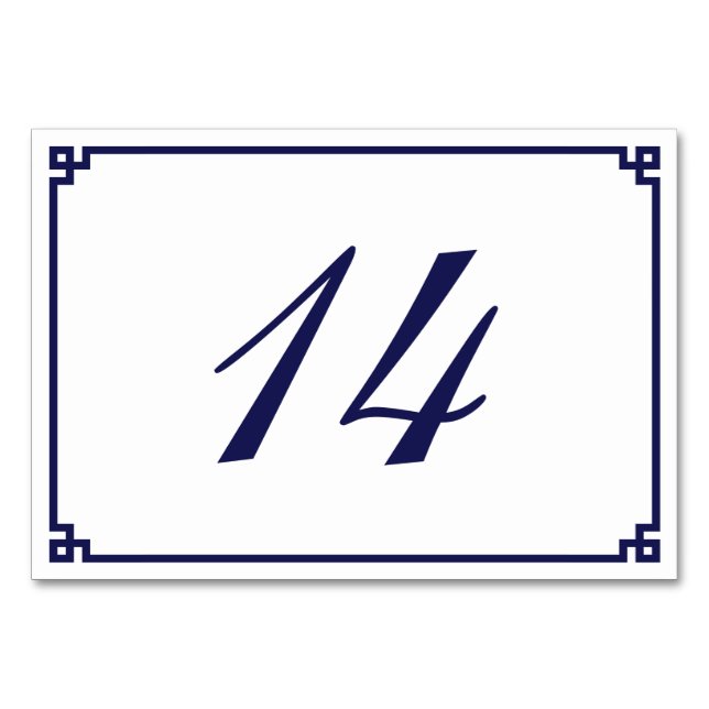Minimalist Navy Blue Greek Key Border Table Number (Front)