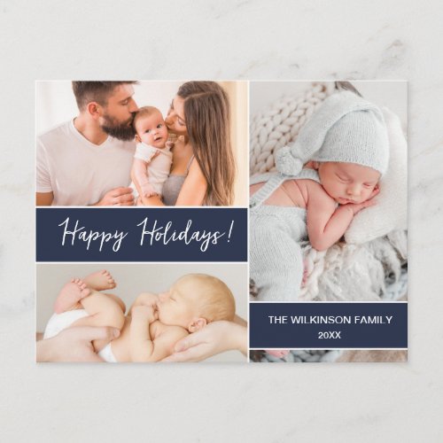 Minimalist Navy Blue Happy Holidays Family Photos Holiday Postcard