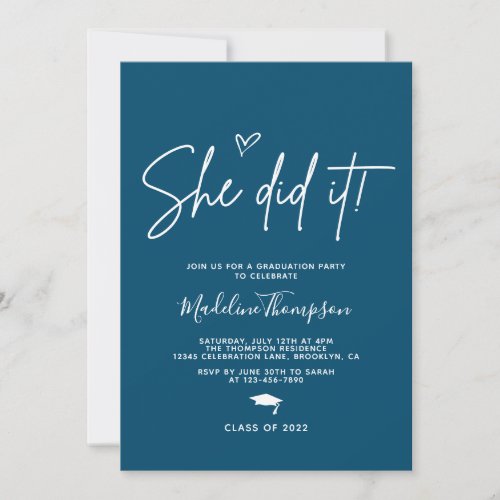 Minimalist Navy blue Heart She did it Graduation Invitation