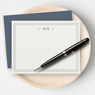 Minimalist Navy Blue & Ivory Two Border Monogram Note Card