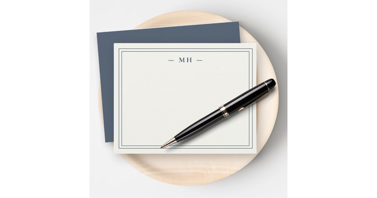 Minimalist Navy Blue & Ivory Two Border Monogram Note Card | Zazzle