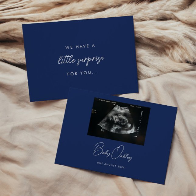 Minimalist Navy Blue "Little Surprise" Pregnancy Announcement (Creator Uploaded)