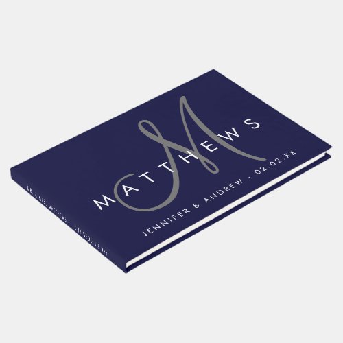 Minimalist Navy Blue Modern Gray Monogram Wedding Guest Book