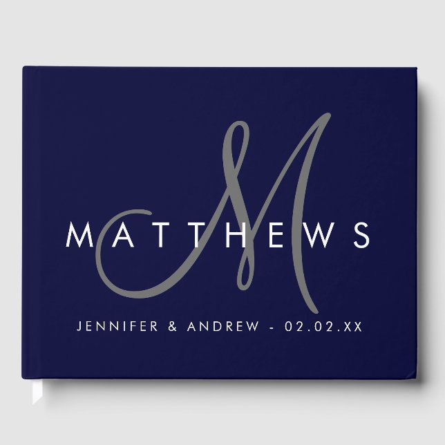 Minimalist Navy Blue Modern Gray Monogram Wedding Guest Book (Front)