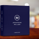 Minimalist Navy Blue Monogram 3 Ring Binder<br><div class="desc">Modern binder features a minimal design in a classic black and white color palette. Custom name presented in the center in stylish simple font with a complimentary minimal monogram medallion. Shown with a custom name, title and monogram initial on the front in modern typography, this personalized business binder is designed...</div>