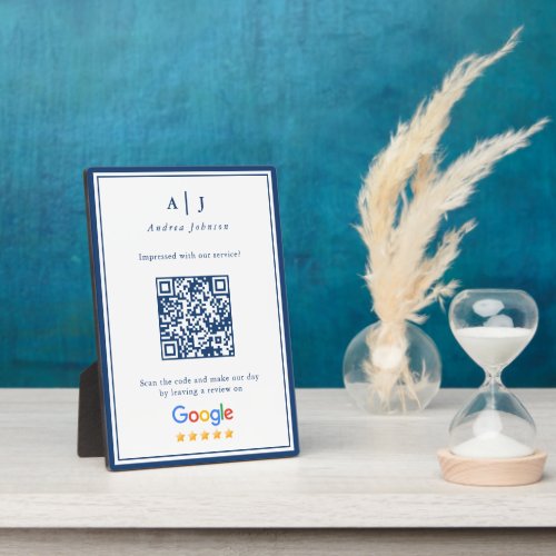 Minimalist Navy Blue Monogram Review Link QR Code Plaque