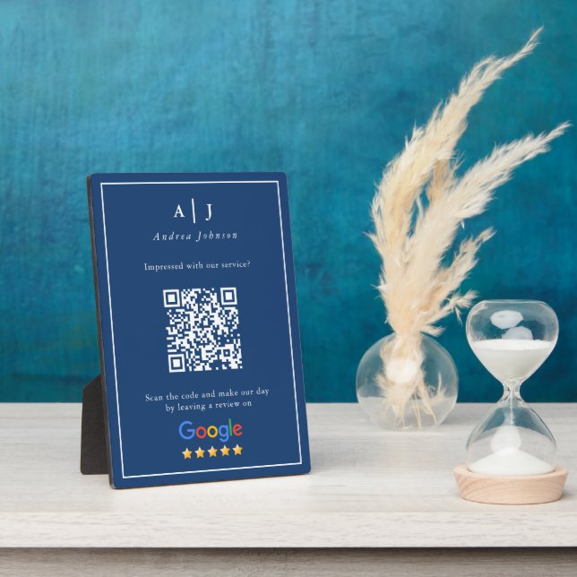 Minimalist Navy Blue Monogram Review Link QR Code Plaque (Side)