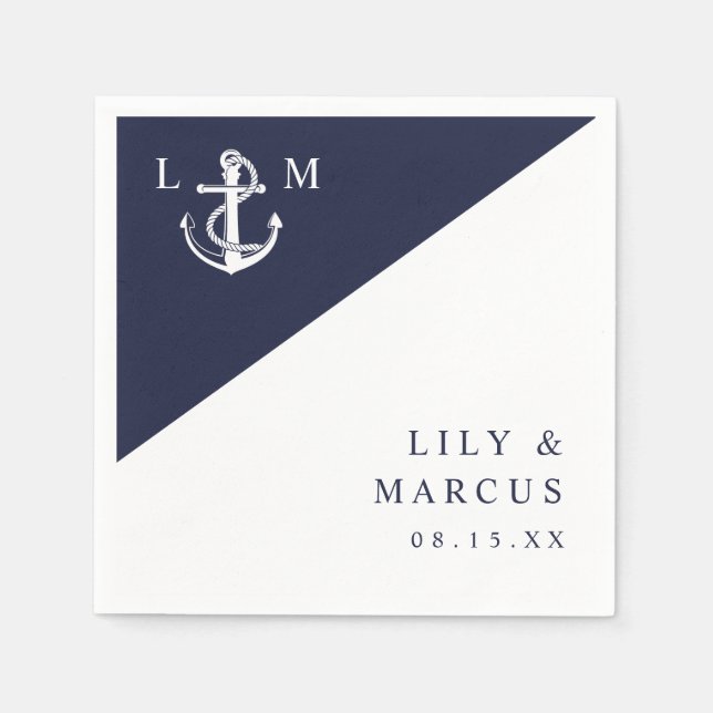 Minimalist Navy Blue Nautical Monogram Wedding Napkins (Front)