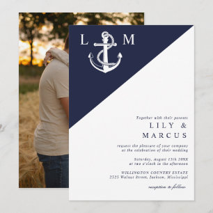 Minimalist Navy Blue Nautical Wedding Photo Invitation