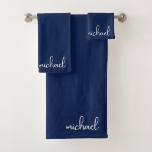Minimalist Navy Blue Personalized Bath Towel Set