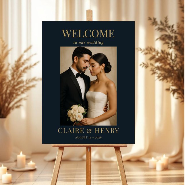 Minimalist Navy Blue Photo Modern Wedding Welcome  Foam Board (Creator Uploaded)