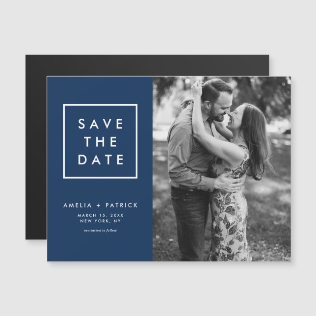 Minimalist Navy Blue Photo Save the Date Magnetic Invitation (Front/Back)