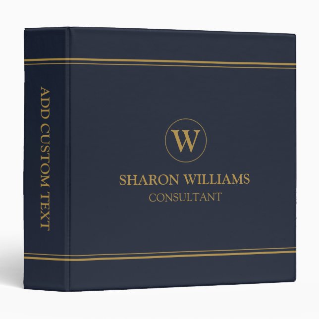 Minimalist Navy Blue | Professional Monogram  3 Ring Binder (Front/Spine)