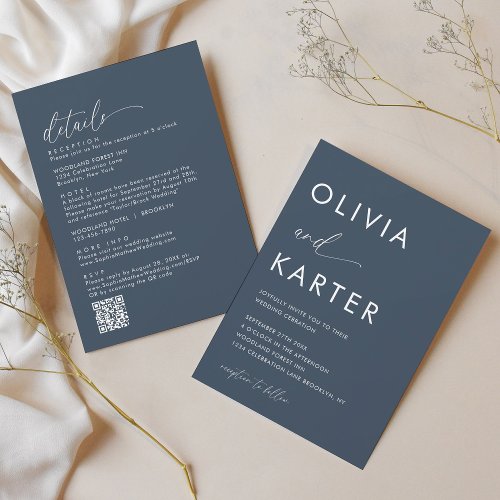 Minimalist Navy Blue QR Code All in One Wedding Invitation