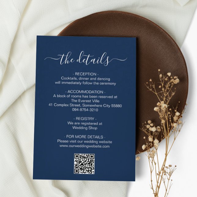 Minimalist Navy Blue QR Code Wedding Details Enclosure Card (Creator Uploaded)