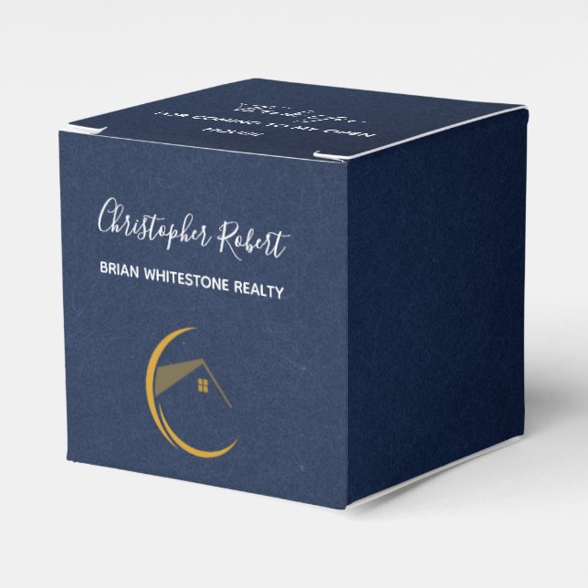 Minimalist Navy Blue Real Estate Favor Boxes (Front Side)