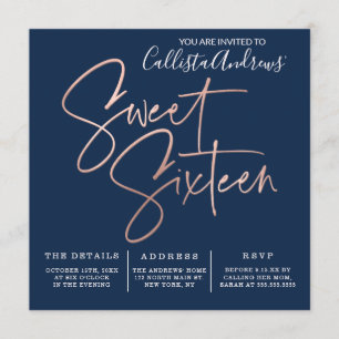 Minimalist Navy Blue Rose Gold Typography Sweet 16 Invitation