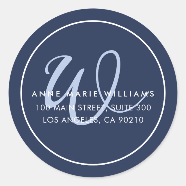 Minimalist Navy Blue Script Border Monogram Classic Round Sticker (Front)