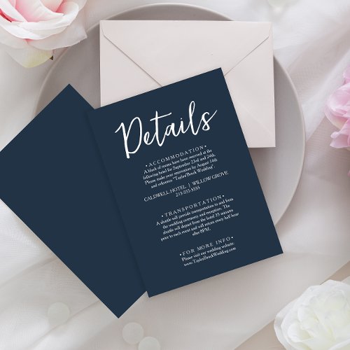 Minimalist Navy Blue Script Modern Wedding Details Enclosure Card