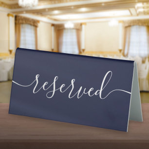 Minimalist Navy Blue Script Reserved Table Tent