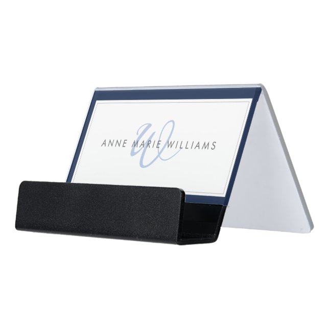 Minimalist Navy Blue Script Two Border Monogram Desk Business Card Holder (Angled Front)