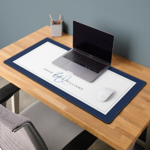 Minimalist Navy Blue Script Two Border Monogram Desk Mat