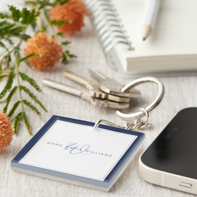 Minimalist Navy Blue Script Two Border Monogram  Keychain (Front Right)