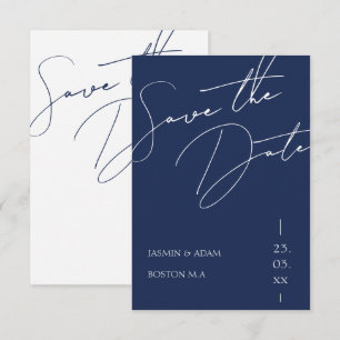Minimalist Navy Blue Script Typography Wedding Save The Date