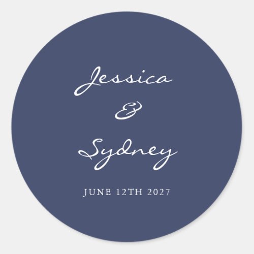 Minimalist Navy Blue Script Wedding Custom Classic Round Sticker