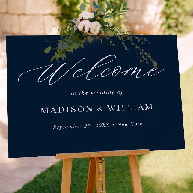 Minimalist Navy Blue Script Wedding Welcome Sign (Creator Uploaded)