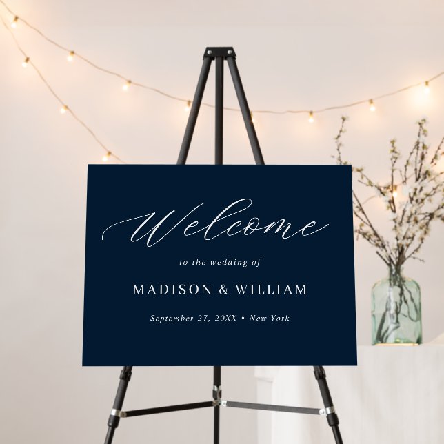 Minimalist Navy Blue Script Wedding Welcome Sign (In Situ (Stand))