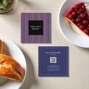 Minimalist Navy Blue Stripes Bakery Retro QR Code Square Business Card